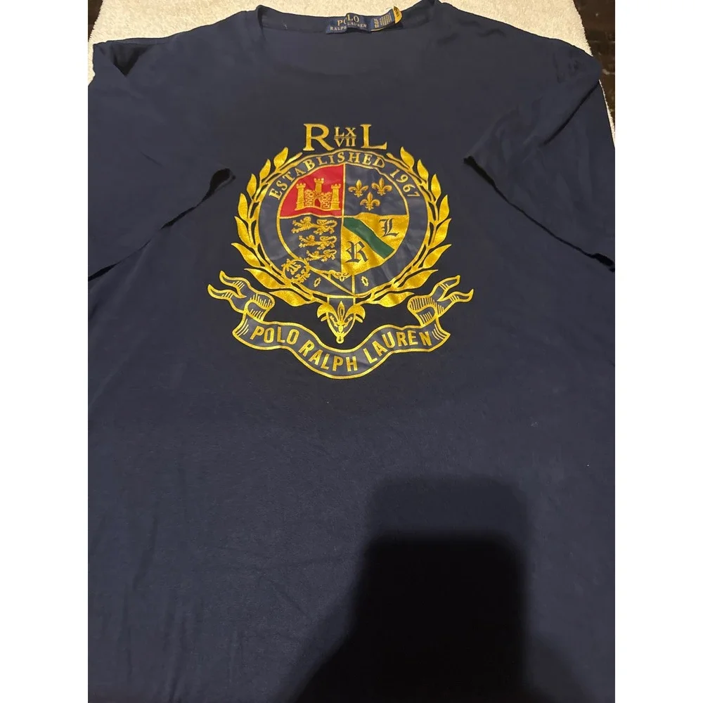 Polo Ralph Lauren Navy Blue XL Gold Crest Graphic T-Shirt Established 1967 Men's